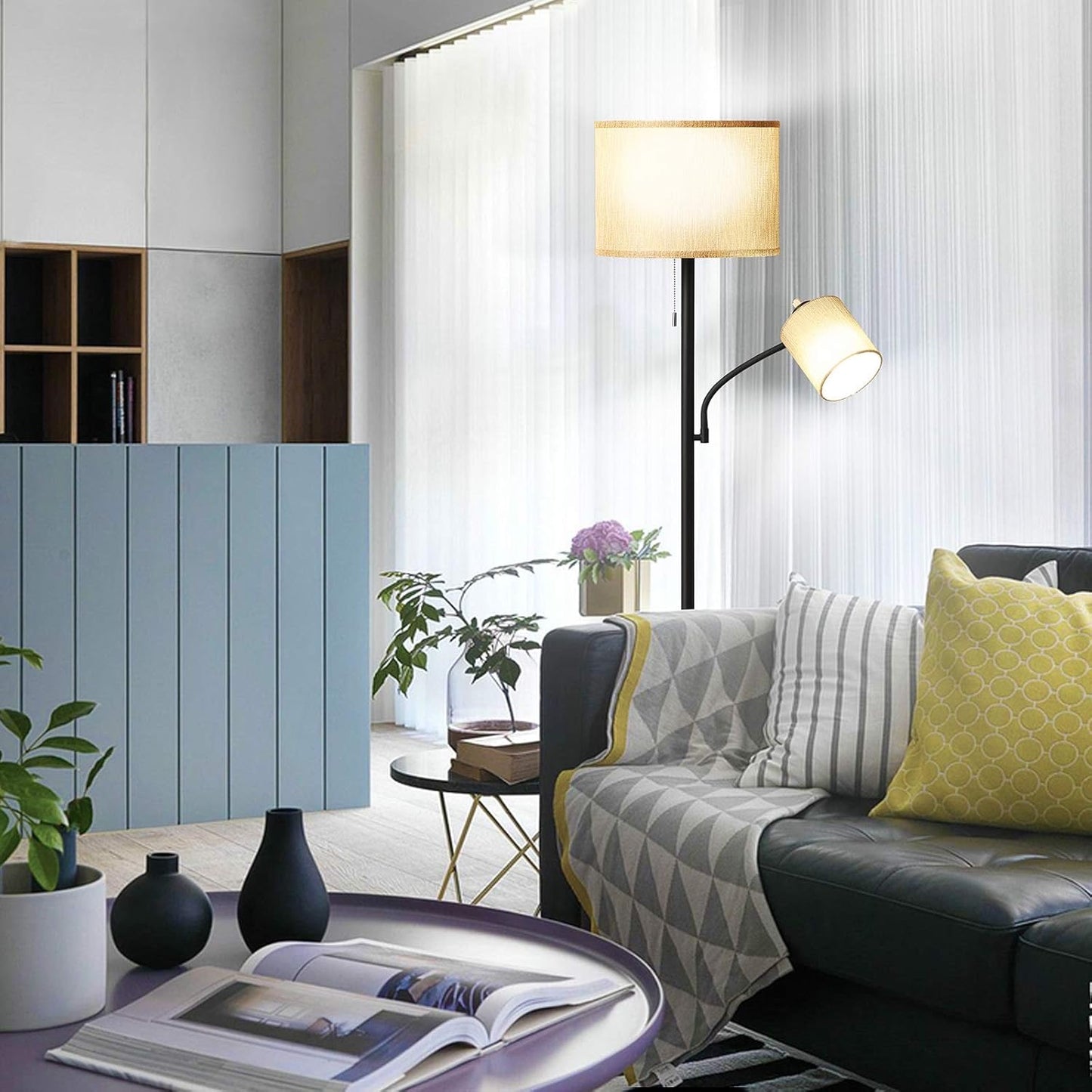 Floor Lamps for Living Room, Modern Standing Lamp with Adjustable Reading Light, LED Fabric Shade Industrial Lamps with 1.8m Cable for Living Room, Apartment, Office Standing Lamp