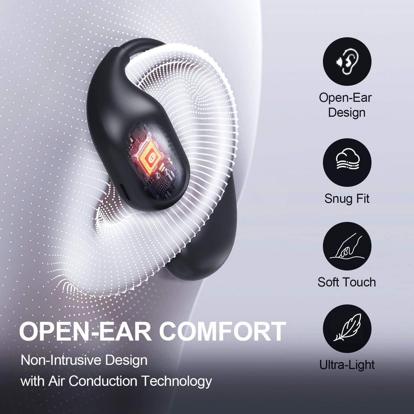 Open Ear Headphones,34 Hours Play Time, Bluetooth 5.3 Air Conduction Wireless Headphones with Smart Digital Display, IP54 Waterproof Sports Headphones（Black）