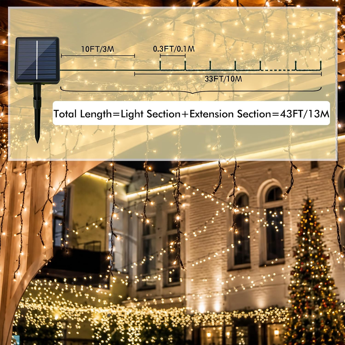 LED Solar Outdoor String Lights with 8 Modes, Warm White
