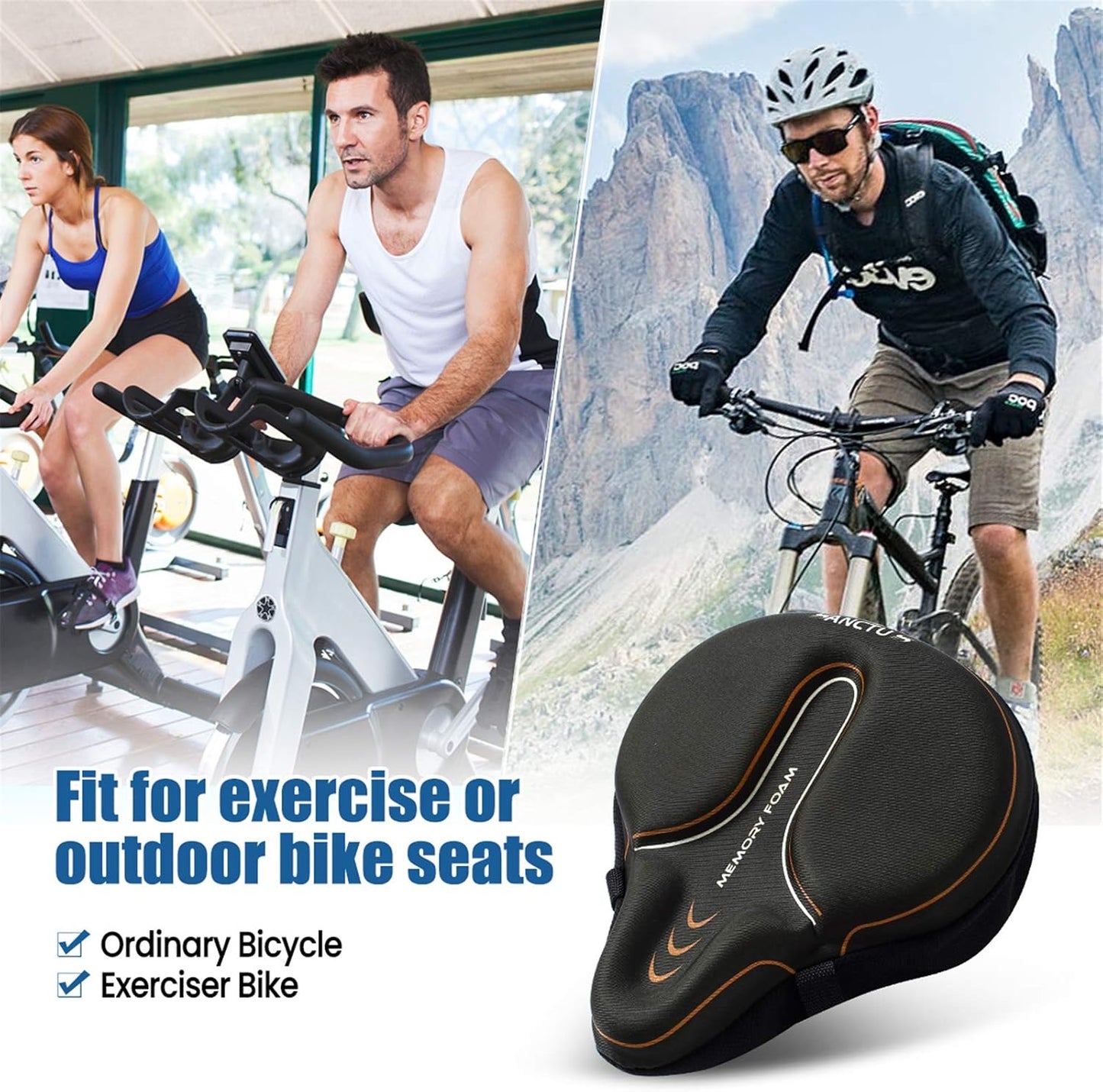 Bike Seat Cushion Cover Memory Foam, Large Wide Bicycle Saddle Soft for Men Women, Comfort Exercise Cycle Seats Cover Padded Fits Stationary Bikes, Cruiser, Spin, with Waterproof Cover