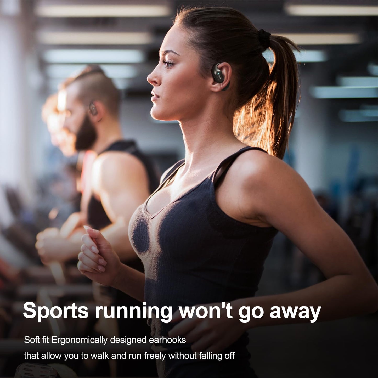 Open Ear Headphones,34 Hours Play Time, Bluetooth 5.3 Air Conduction Wireless Headphones with Smart Digital Display, IP54 Waterproof Sports Headphones（Black）