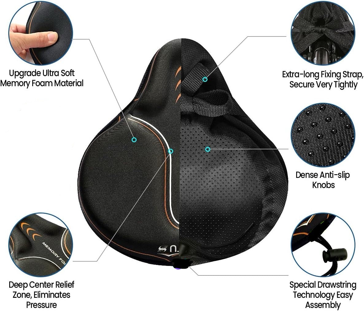 Bike Seat Cushion Cover Memory Foam, Large Wide Bicycle Saddle Soft for Men Women, Comfort Exercise Cycle Seats Cover Padded Fits Stationary Bikes, Cruiser, Spin, with Waterproof Cover