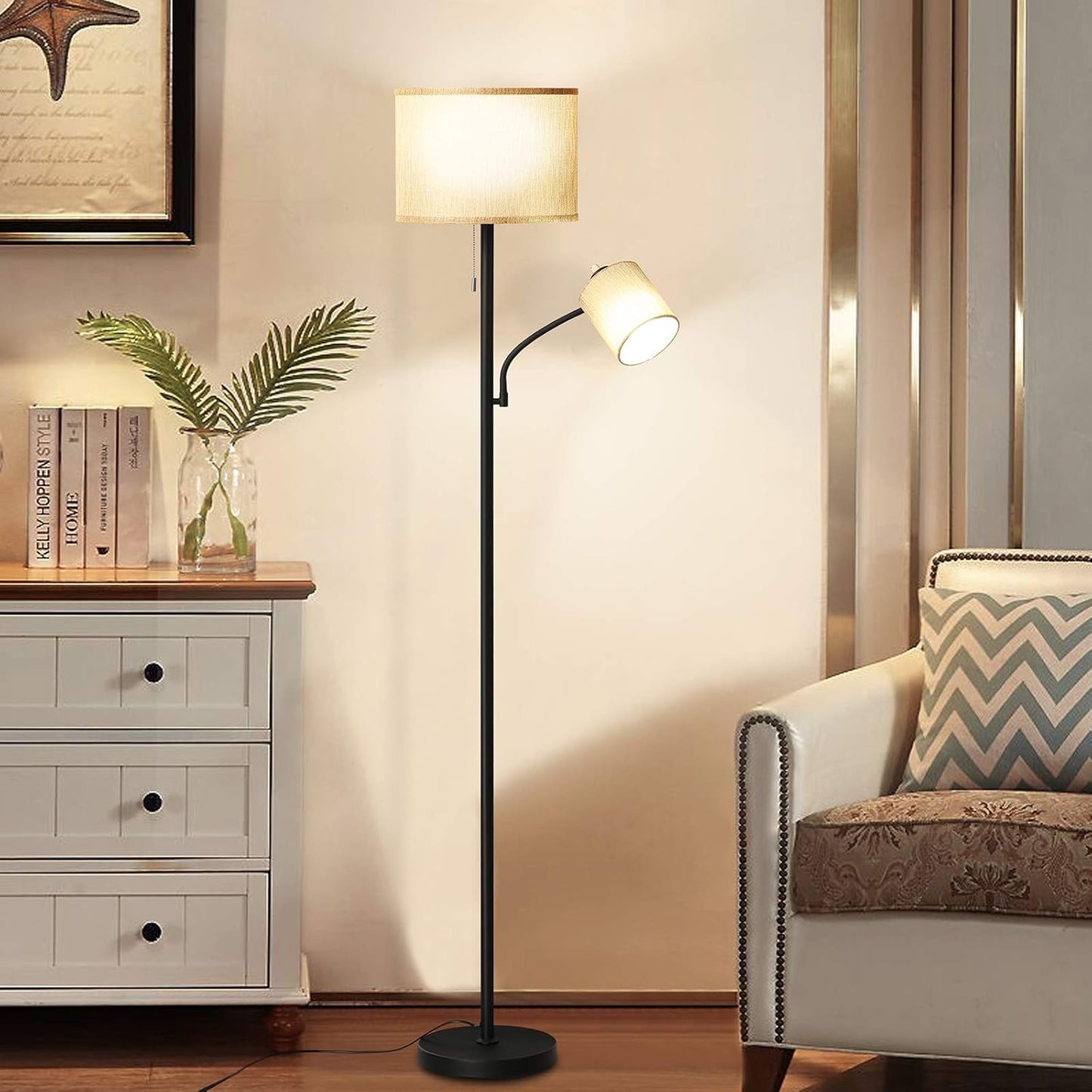 Floor Lamps for Living Room, Modern Standing Lamp with Adjustable Reading Light, LED Fabric Shade Industrial Lamps with 1.8m Cable for Living Room, Apartment, Office Standing Lamp
