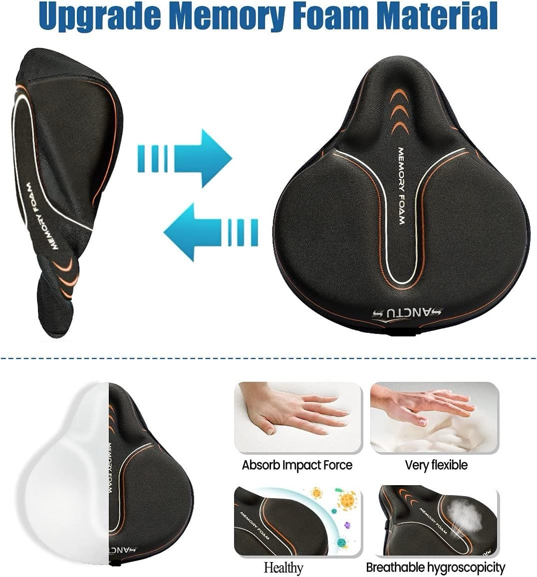 Bike Seat Cushion Cover Memory Foam, Large Wide Bicycle Saddle Soft for Men Women, Comfort Exercise Cycle Seats Cover Padded Fits Stationary Bikes, Cruiser, Spin, with Waterproof Cover