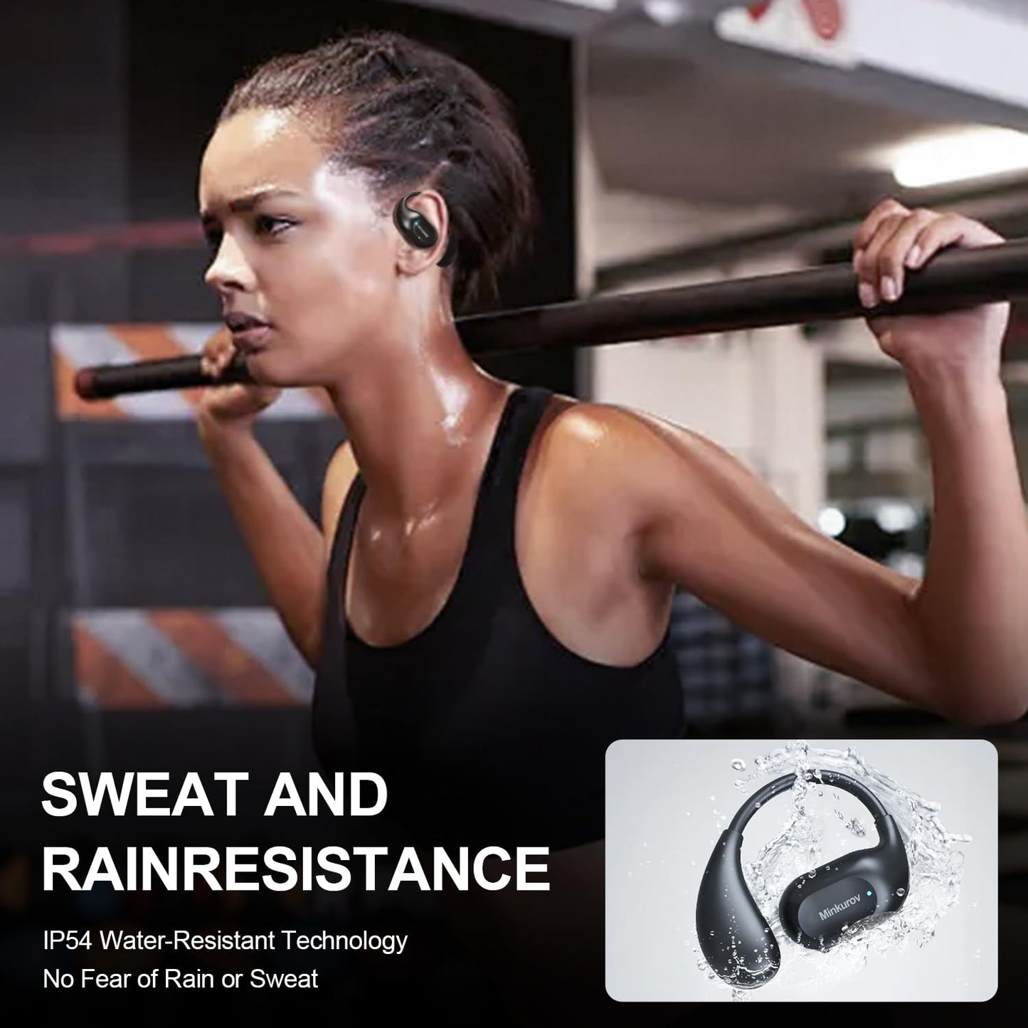 Open Ear Headphones,34 Hours Play Time, Bluetooth 5.3 Air Conduction Wireless Headphones with Smart Digital Display, IP54 Waterproof Sports Headphones（Black）