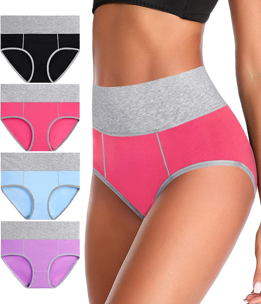 Size-L. 4pcs-Women's Cotton Underwear High Waisted Plus Size Soft Panties Full Coverage Tummy Control Ladies Briefs