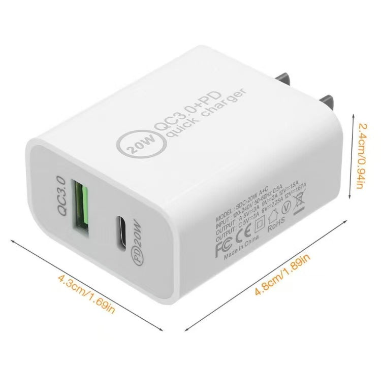 20W Dual Port PD Fast USB C Wall Charger Adapter + USB A Quick Charging Brick Plug Compatible with iPhone Air/17/16/15/14/13/12/11/Pro Max/Plus/XS/XR/X,iPad,AirPods