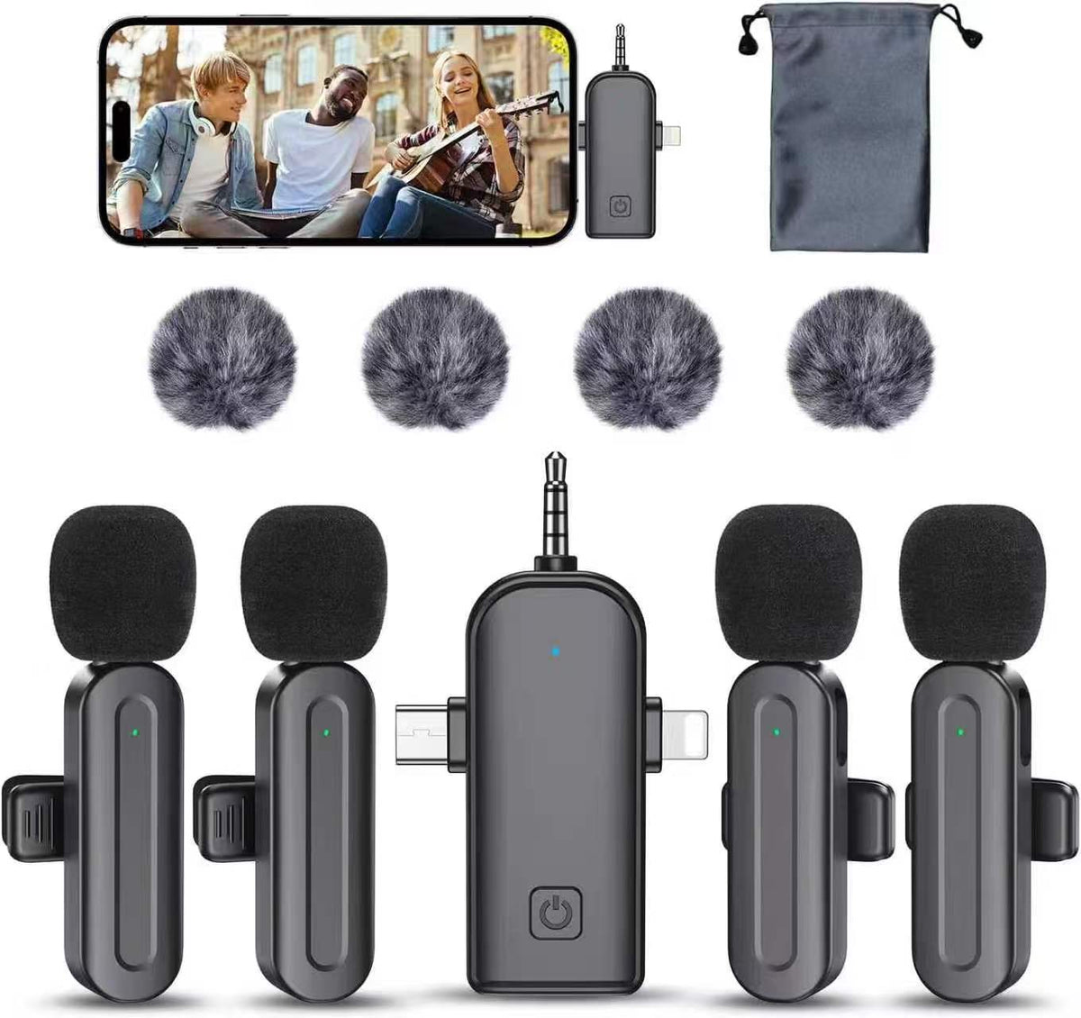 Wireless Mini Microphone for iPhone, Android, 4 Pack Clip on Mini Mic with USB-C & Lightning, 2-in-1 Noise Reduction Lavalier Lapel Mic for Video Recording, Podcast, Vlogging,