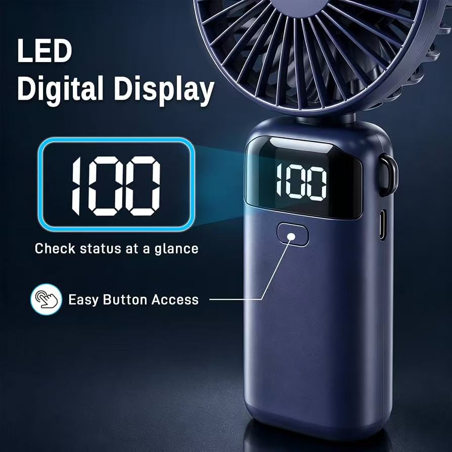 Digital Display, Makeup Fans for Women with Base, 180°Foldable 3in1 Handheld/Neck/Desk Fan for Outdoor Indoor
