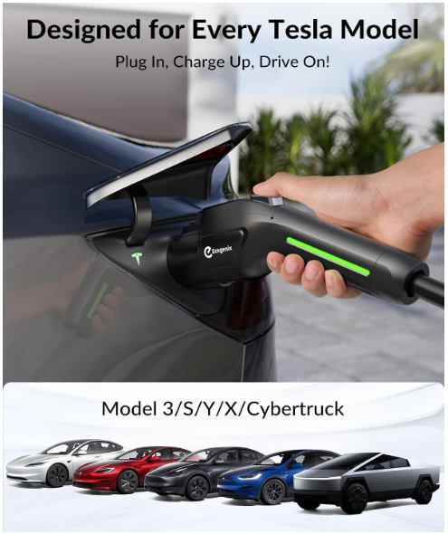 ast EV Charger for All Tesla 12Amp 110V-240V, 25 ft Extension Cord, Mobile Tesla Charger NEMA 6-20 Plug with NEMA 5-15 Adapter Fits for Tesla Model X/Y/3/S/Cybertruck