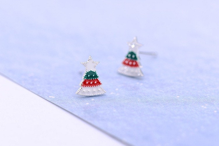 Christmas tree Sterling silver Stud earrings, Christmas gift includes gift box C08
