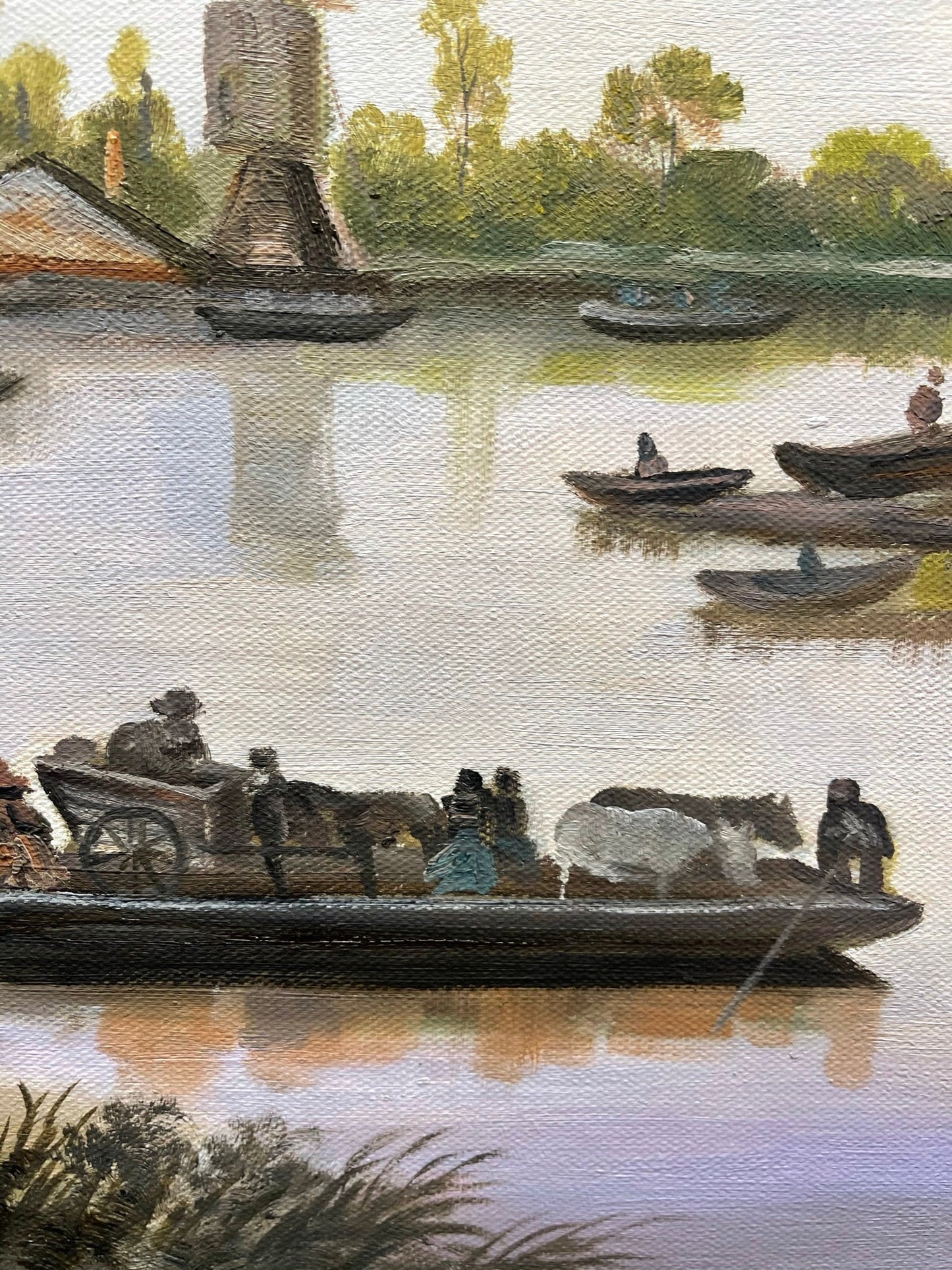 100% hand-painted Boat in the river and village scenery 36x24 inch oil paintings The classical field