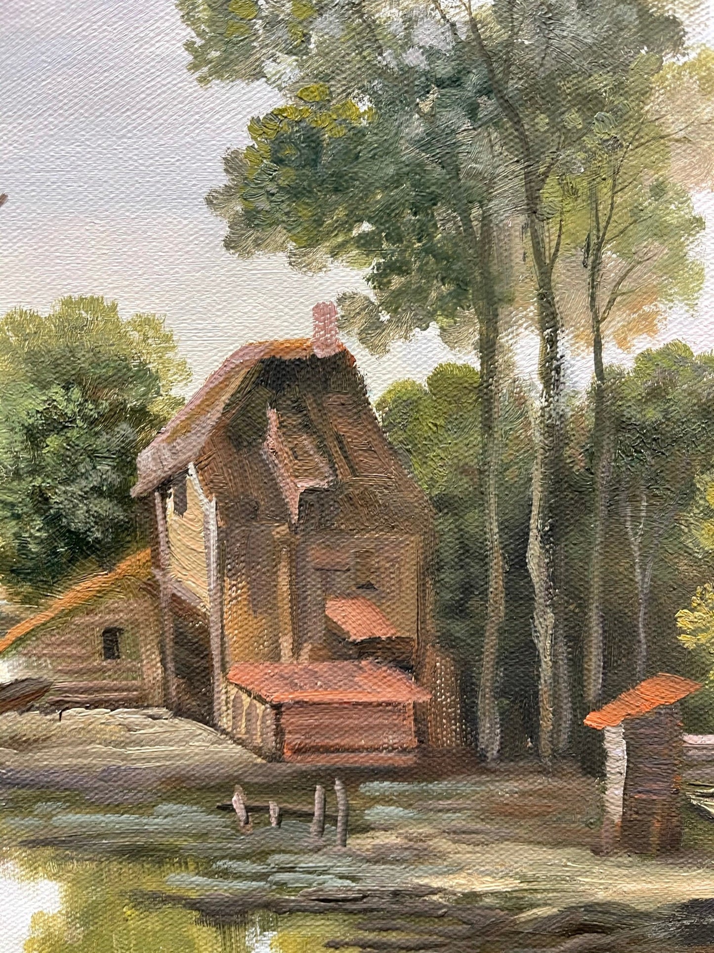 100% hand-painted Boat in the river and village scenery 36x24 inch oil paintings The classical field
