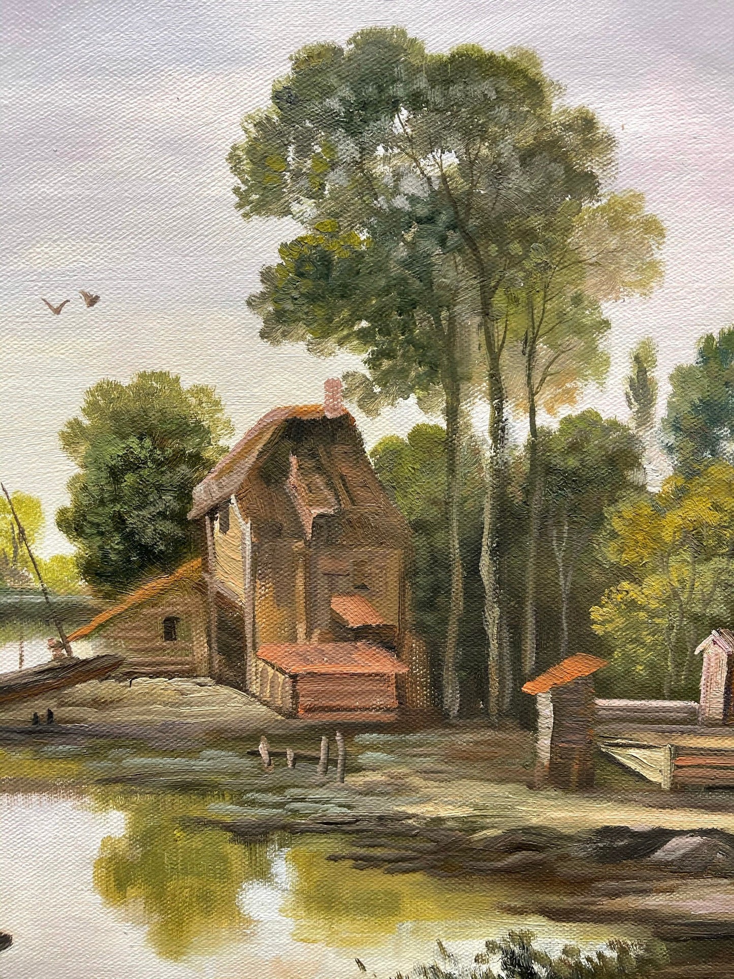 100% hand-painted Boat in the river and village scenery 36x24 inch oil paintings The classical field