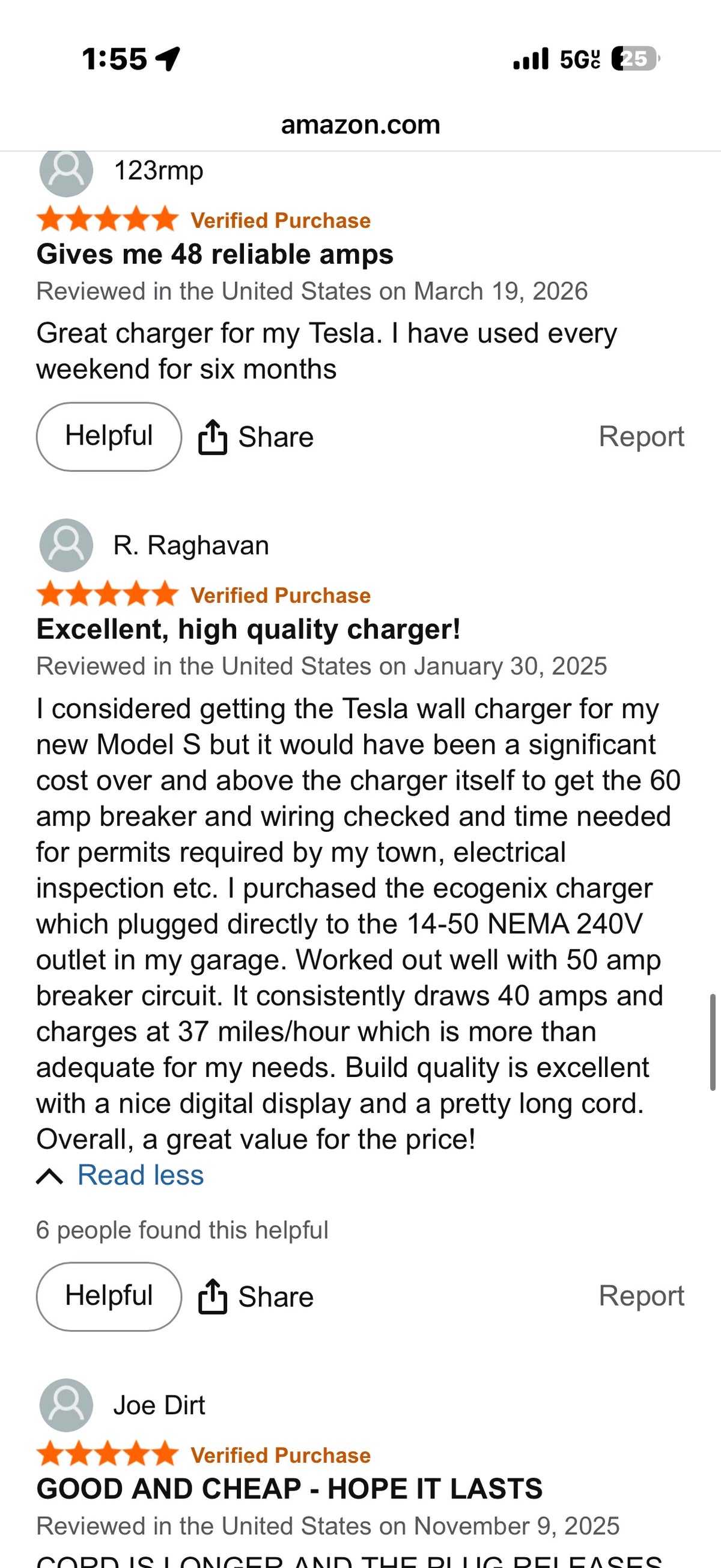 Verified Amazon customer review - excellent high quality charger, 40 amps, 37 miles per hour